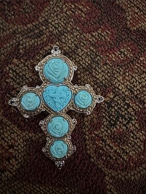 Turquoise Floral Cameo Cross Pendant Necklace - Blue Accents